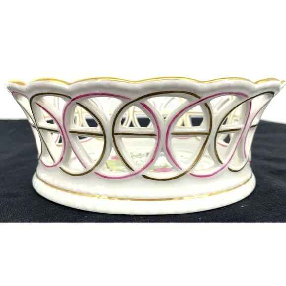 Herend Bowl Hungary Porcelain Round Open Weave Basket 7" Butterfly Handpainted - Picture 6 of 9